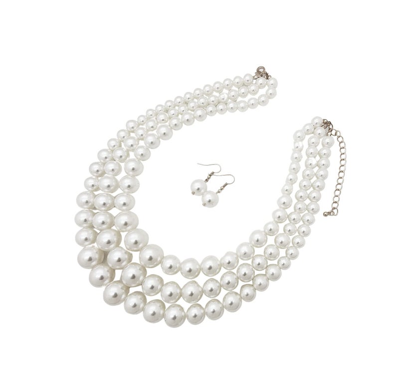 Fashion 21 Women's Faux Pearl Three Multi-Strand Statement Necklace and Earrings Set (White) - Image 4